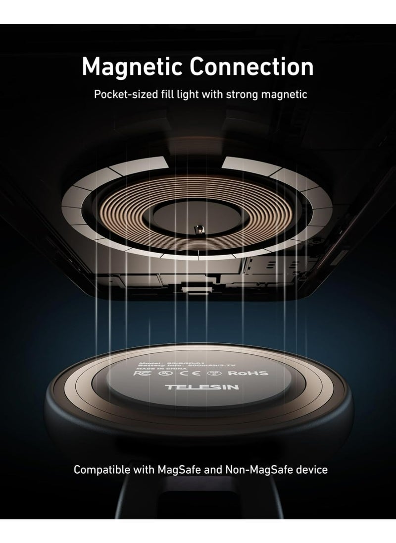 TELESIN C03 Magnetic Mobile Selfie Ring Light with Mirror, Extendable Stand & Adjustable Brightness – Compatible with Smartphones
