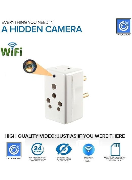 SAFETY NET Plug Hidden Camera 3 Pin Multi Plug Camera Inbuilt 32GB SD Card Audio and Video Recording Live Feed Camera with WiFi Motion Detection iWFCam APP
