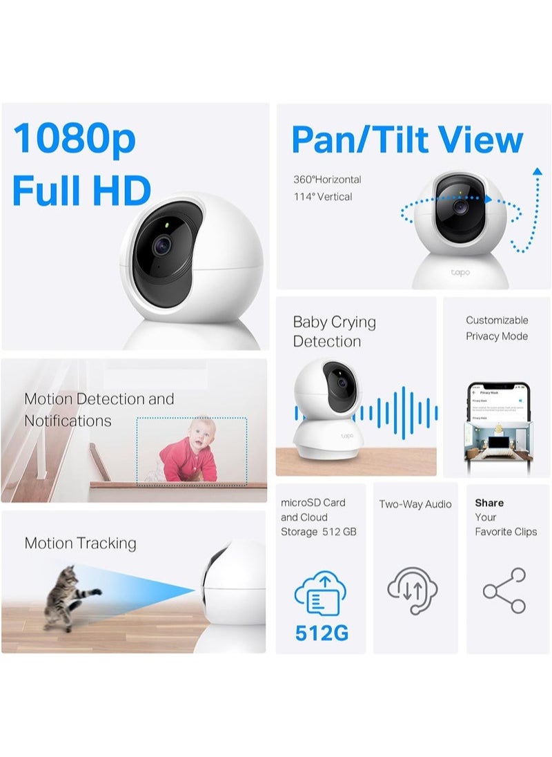 Tapo C200 Pan/Tilt 1080p Full HD Home Security Wi-Fi Camera Live View And Two-Way Audio Night Vision Motion Detection Baby Monitor MicroSD Card Support Works With Google Assistant And Alexa Remote Management By App