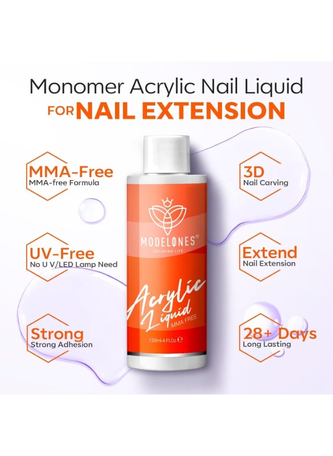 modelones 4 oz Monomer Acrylic Nail Liquid - Professional Monomer 120ml for Acrylic Powder Nail Extension 3D Carving, MMA Free Low Odor Non-Yellowing DIY Home Salon