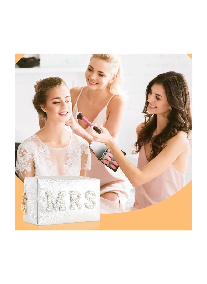 Bride Patch MRS Letter Makeup Bag, Varsity Letter Cosmetic Toiletry Bag White Pearl Rhinestone Travel Make-Up Bag Waterproof PU Clutch Purse Portable Zipper Organizer for Engagement Gifts