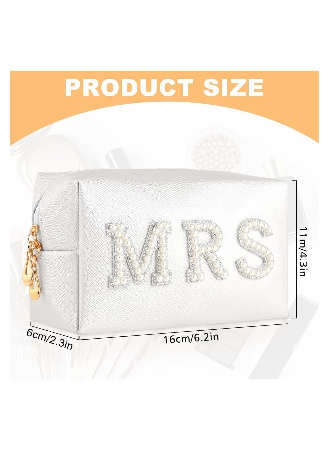 Bride Patch MRS Letter Makeup Bag, Varsity Letter Cosmetic Toiletry Bag White Pearl Rhinestone Travel Make-Up Bag Waterproof PU Clutch Purse Portable Zipper Organizer for Engagement Gifts