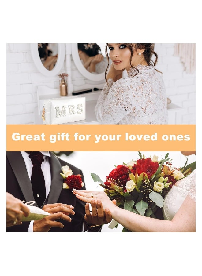 Bride Patch MRS Letter Makeup Bag, Varsity Letter Cosmetic Toiletry Bag White Pearl Rhinestone Travel Make-Up Bag Waterproof PU Clutch Purse Portable Zipper Organizer for Engagement Gifts