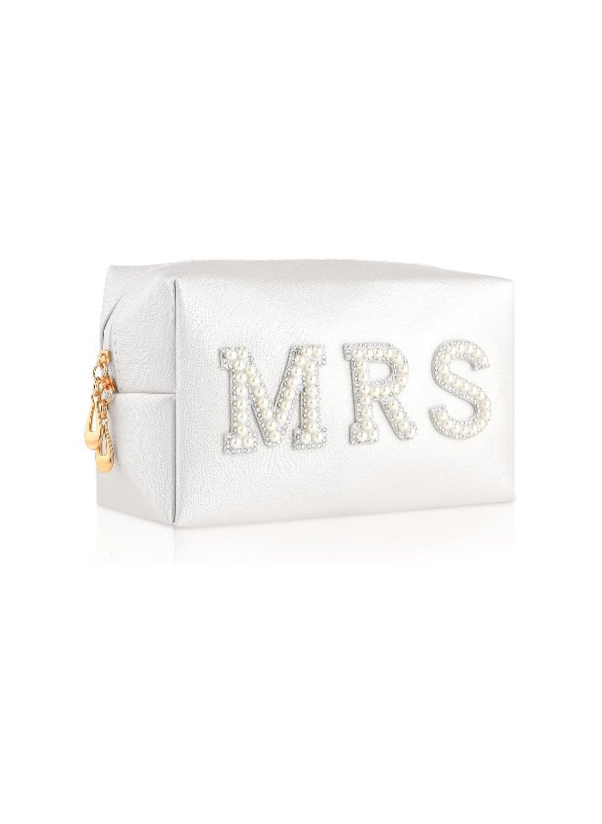 Bride Patch MRS Letter Makeup Bag, Varsity Letter Cosmetic Toiletry Bag White Pearl Rhinestone Travel Make-Up Bag Waterproof PU Clutch Purse Portable Zipper Organizer for Engagement Gifts