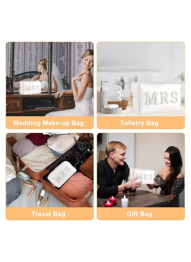 Bride Patch MRS Letter Makeup Bag, Varsity Letter Cosmetic Toiletry Bag White Pearl Rhinestone Travel Make-Up Bag Waterproof PU Clutch Purse Portable Zipper Organizer for Engagement Gifts