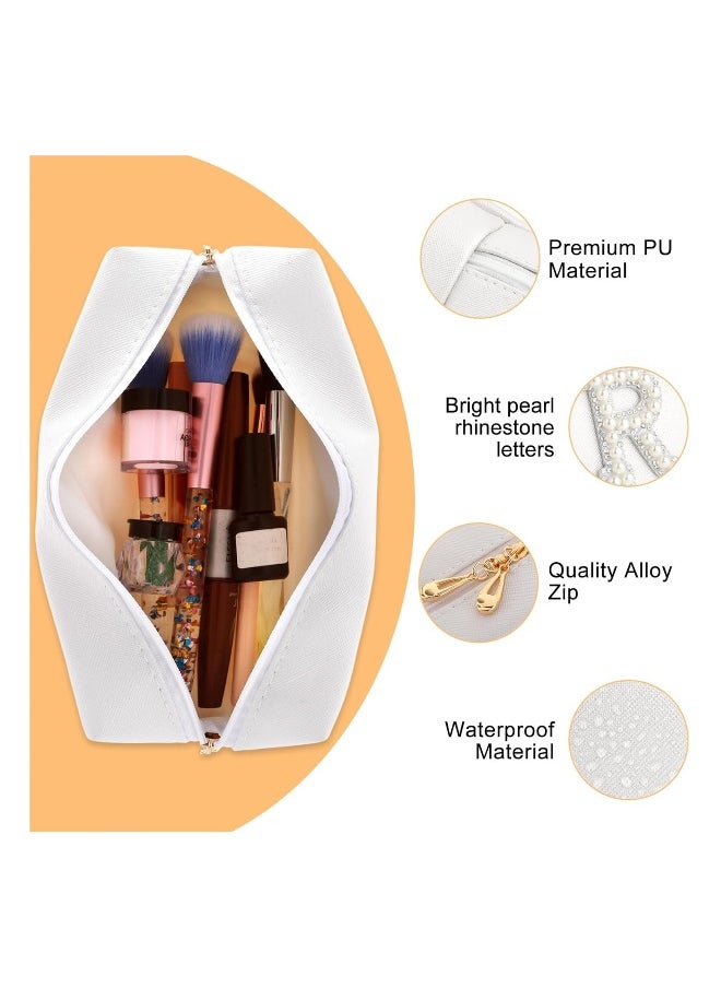 Bride Patch MRS Letter Makeup Bag, Varsity Letter Cosmetic Toiletry Bag White Pearl Rhinestone Travel Make-Up Bag Waterproof PU Clutch Purse Portable Zipper Organizer for Engagement Gifts