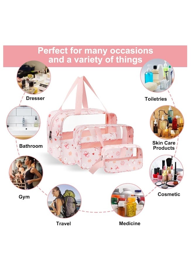 3Pcs Clear Toiletry Bag, Portable Waterproof Toiletry Bags, Makeup Bag with Zippers, Handing Travel Accessories, Travel Accessorie, PVC Cosmetic Bag, Waterproof Cosmetic Wash Bags for Travelling, Pink