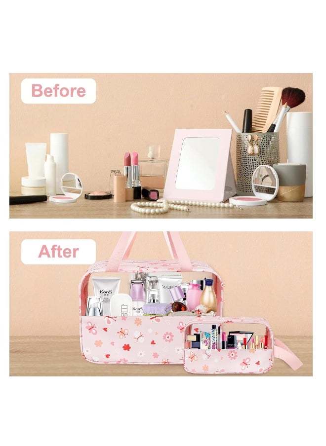 3Pcs Clear Toiletry Bag, Portable Waterproof Toiletry Bags, Makeup Bag with Zippers, Handing Travel Accessories, Travel Accessorie, PVC Cosmetic Bag, Waterproof Cosmetic Wash Bags for Travelling, Pink