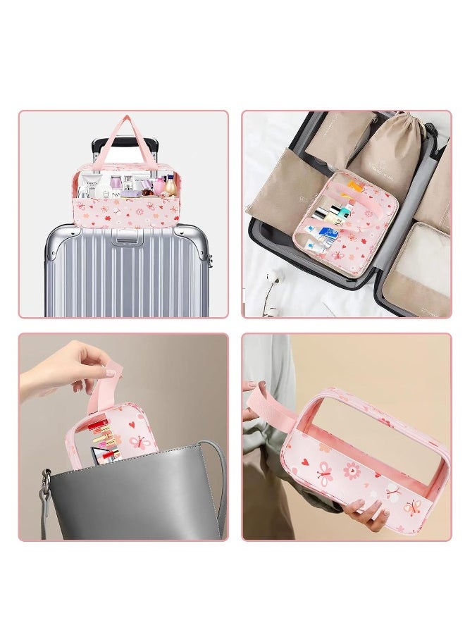 3Pcs Clear Toiletry Bag, Portable Waterproof Toiletry Bags, Makeup Bag with Zippers, Handing Travel Accessories, Travel Accessorie, PVC Cosmetic Bag, Waterproof Cosmetic Wash Bags for Travelling, Pink