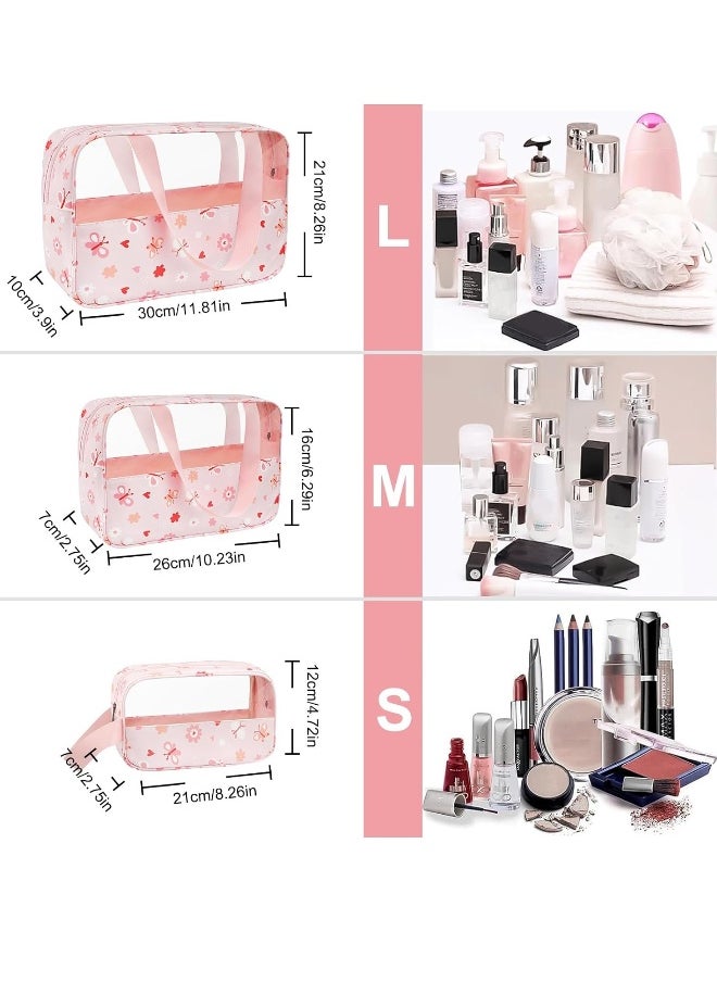 3Pcs Clear Toiletry Bag, Portable Waterproof Toiletry Bags, Makeup Bag with Zippers, Handing Travel Accessories, Travel Accessorie, PVC Cosmetic Bag, Waterproof Cosmetic Wash Bags for Travelling, Pink