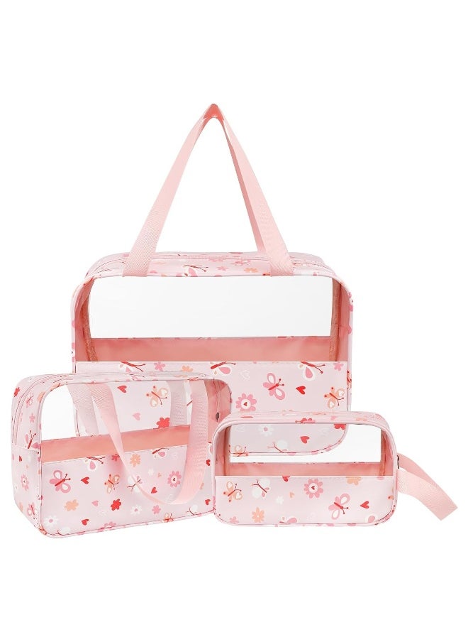 3Pcs Clear Toiletry Bag, Portable Waterproof Toiletry Bags, Makeup Bag with Zippers, Handing Travel Accessories, Travel Accessorie, PVC Cosmetic Bag, Waterproof Cosmetic Wash Bags for Travelling, Pink