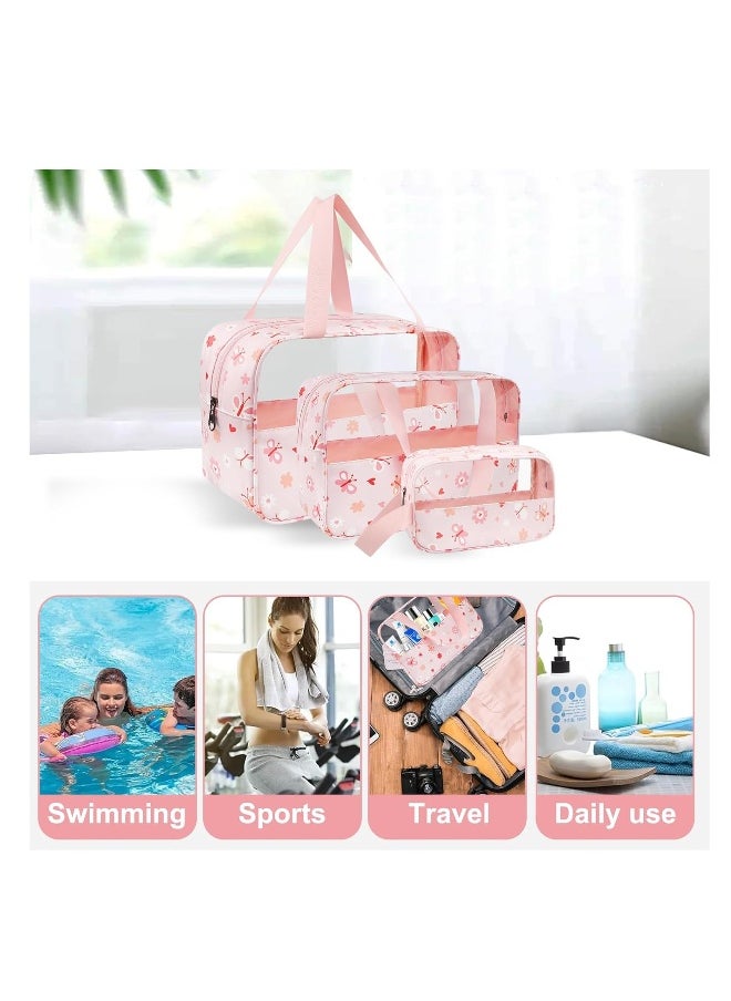 3Pcs Clear Toiletry Bag, Portable Waterproof Toiletry Bags, Makeup Bag with Zippers, Handing Travel Accessories, Travel Accessorie, PVC Cosmetic Bag, Waterproof Cosmetic Wash Bags for Travelling, Pink