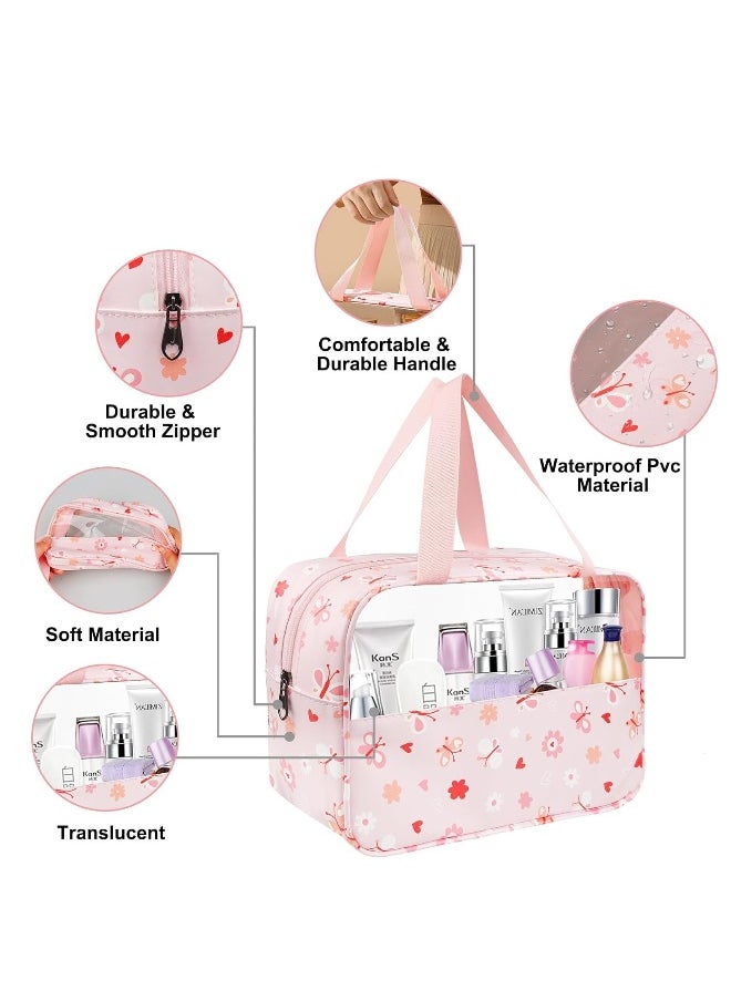 3Pcs Clear Toiletry Bag, Portable Waterproof Toiletry Bags, Makeup Bag with Zippers, Handing Travel Accessories, Travel Accessorie, PVC Cosmetic Bag, Waterproof Cosmetic Wash Bags for Travelling, Pink
