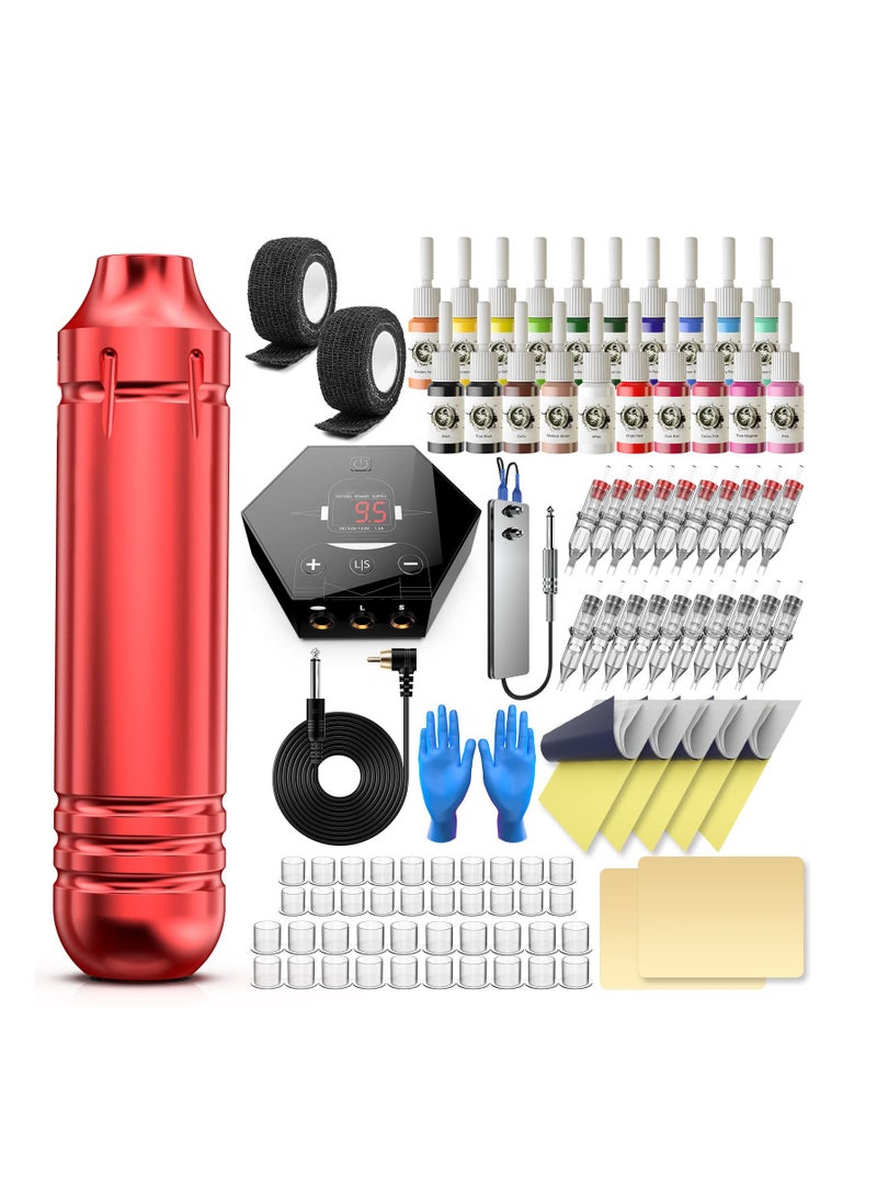 Tattoo Pen Tattoo Gun Rotary Tattoo Machine Set Cartridge Tattoo Machine Set for Beginners Contains 20 colours of ink Power Tattoo Pen Set Red