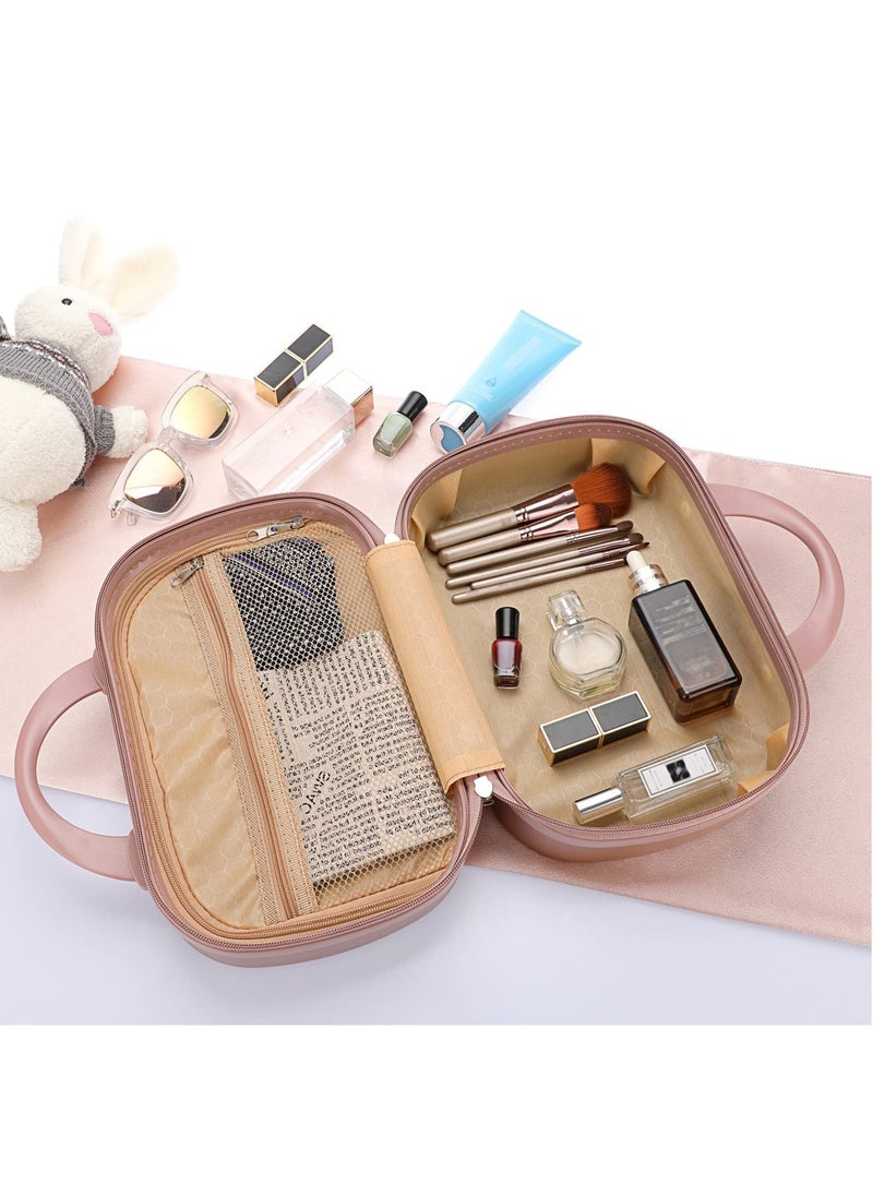 Portable Makeup Travel Case, Mini ABS Carrying Suitcase with Elastic Band, Multifunctional Storage Makeup Bag Suitable for women and girls to go out and travel (Rose Gold)