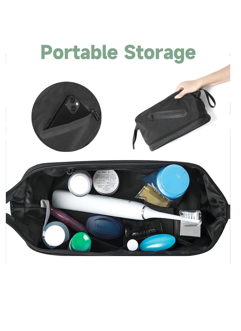 Travel Toiletry Bag for Women and Men, Waterproof Toiletry Bag,  Travel Organizer with Divider and Portable Handle, Small Dopp Kit, Mens Shaving Kit, for Toiletries Accessories (Black)