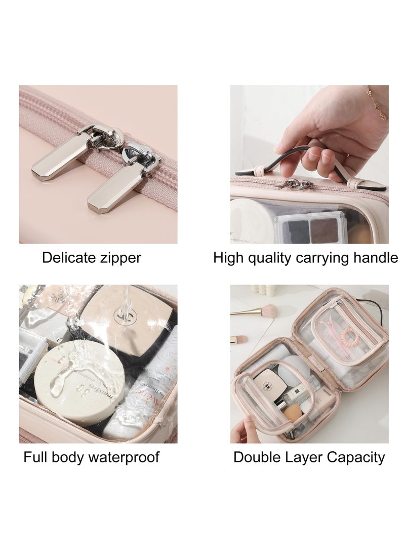 Toiletry Bag, Transparent Makeup Bag, Double Layers Travel Cosmetic bags Case, Waterproof Portable Toiletries Bag, Large Capacity Open Flat Storage bag Organizer with Handle for Women and Girls (Pink)