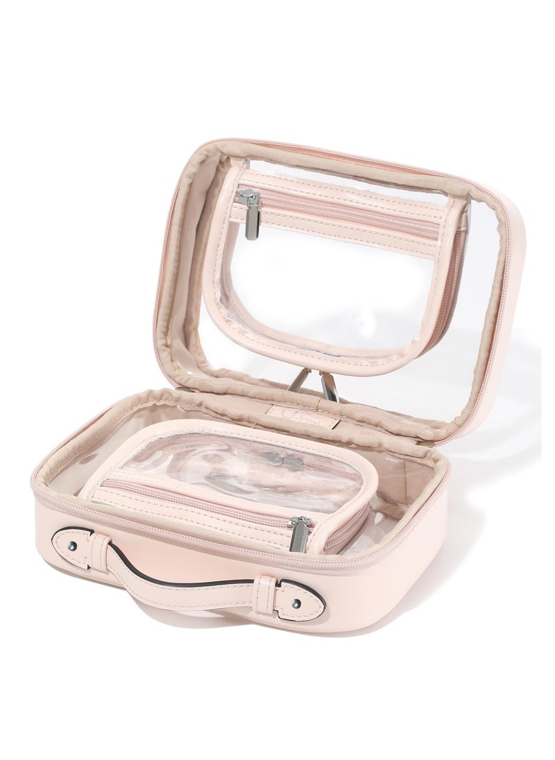Toiletry Bag, Transparent Makeup Bag, Double Layers Travel Cosmetic bags Case, Waterproof Portable Toiletries Bag, Large Capacity Open Flat Storage bag Organizer with Handle for Women and Girls (Pink)