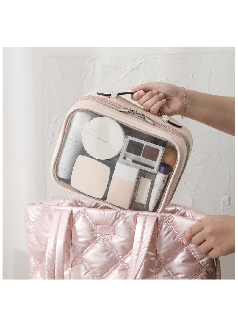 Toiletry Bag, Transparent Makeup Bag, Double Layers Travel Cosmetic bags Case, Waterproof Portable Toiletries Bag, Large Capacity Open Flat Storage bag Organizer with Handle for Women and Girls (Pink)