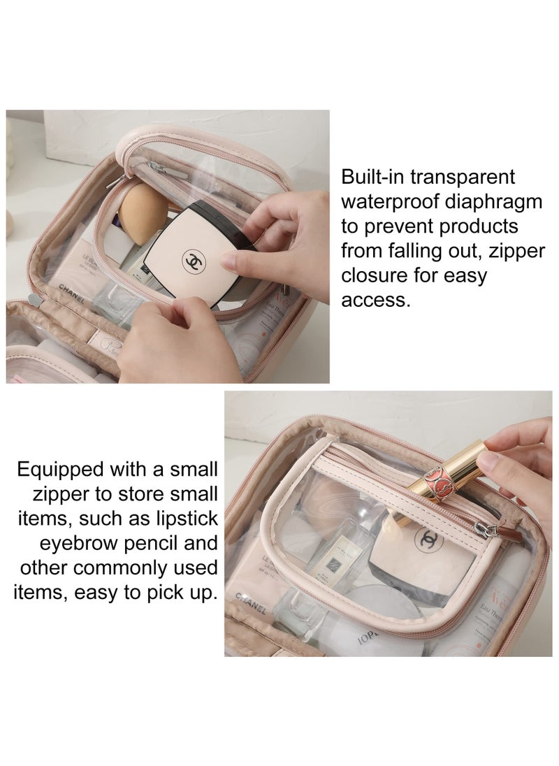 Toiletry Bag, Transparent Makeup Bag, Double Layers Travel Cosmetic bags Case, Waterproof Portable Toiletries Bag, Large Capacity Open Flat Storage bag Organizer with Handle for Women and Girls (Pink)