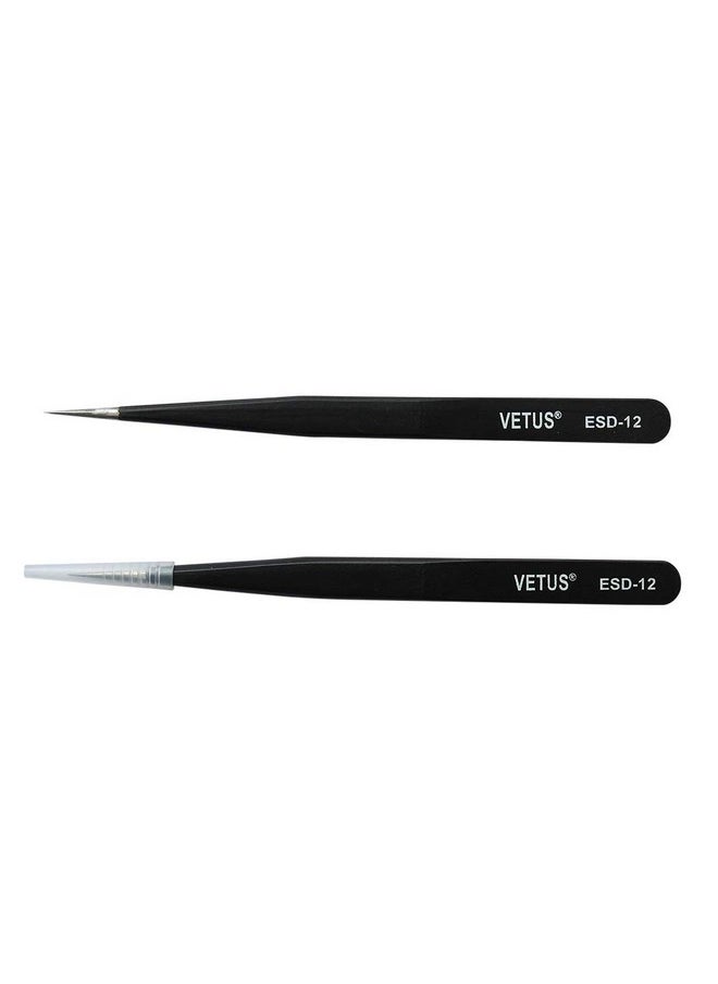 Vetus Anti-static SMD Black Tweezer Non-magnetic Stainless Steel Pointed Tip ESD-12