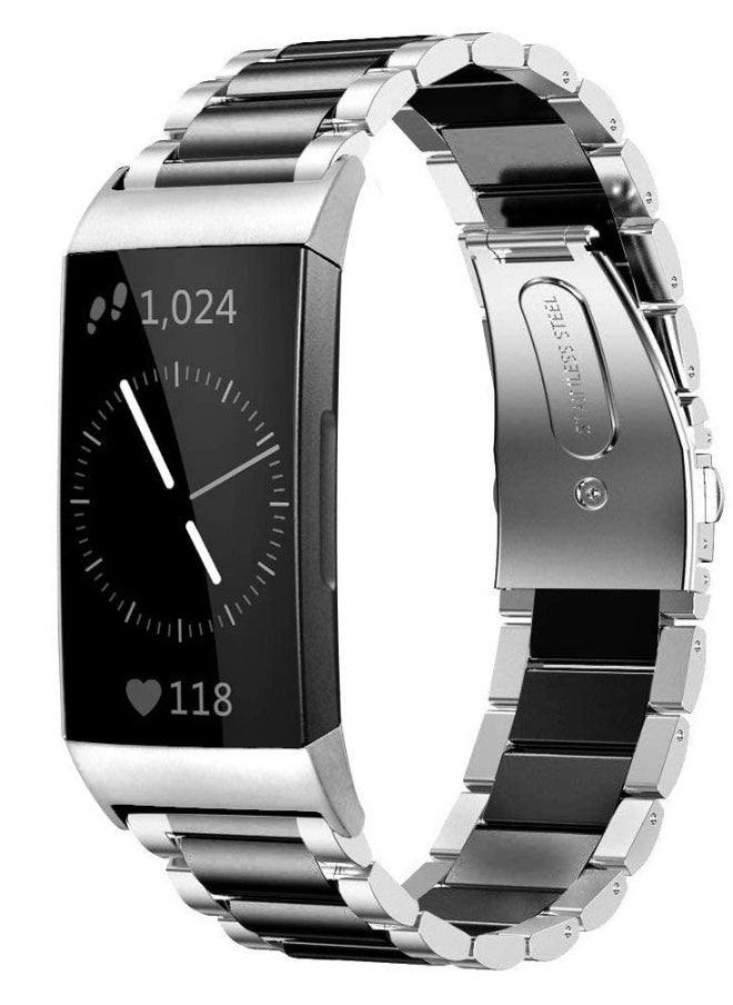 Stainless Steel Strap for Fitbit Charge 4, for Fitbit Charge 3, for Fitbit Charge 3 SE, Smart Loop Watch Strap, Replaceable Metal Strap Wristband Accessories (Silver + Black)