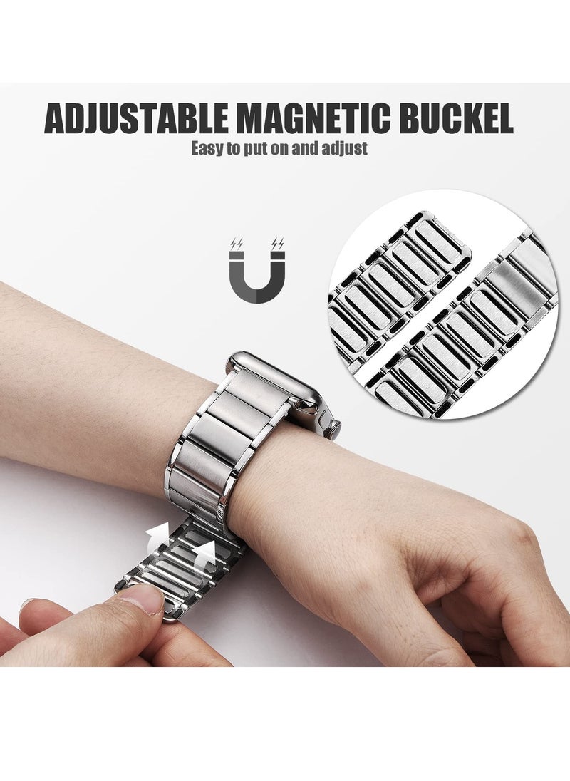 Metal Straps for Apple Watch 45mm 44mm, Magnetic Replacement Bands, Stainless Steel Strap for Series 7 6 5 4 SE Silver