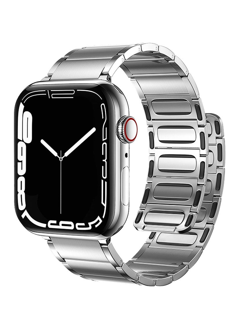 Metal Straps for Apple Watch 45mm 44mm, Magnetic Replacement Bands, Stainless Steel Strap for Series 7 6 5 4 SE Silver