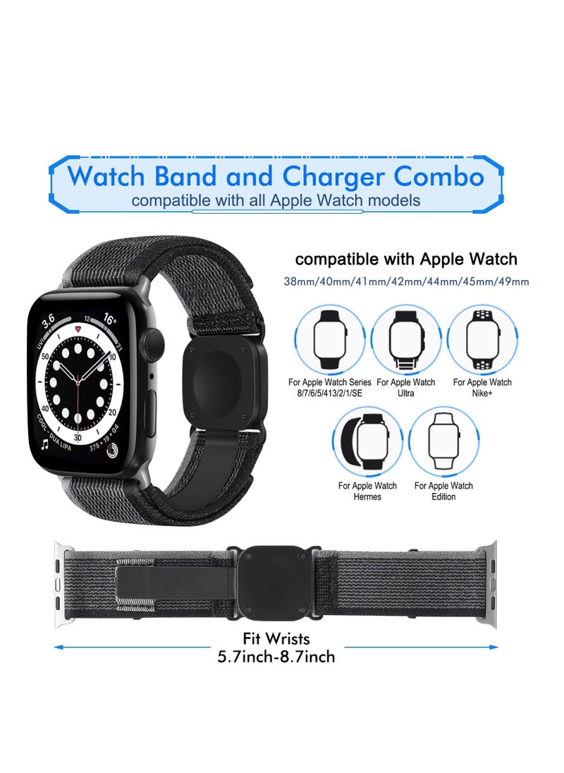 Sport Loop Nylon Band with Portable Wireless Charger 2-in-1 Compatible with Apple Watch 38mm --- 49mm Women Men, Innovative Elastic Braided Strap for iWatch Series 8 7 6 5 4 3 2 1 SE Ultra