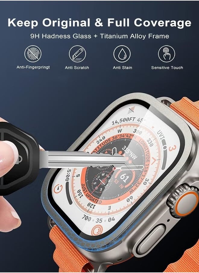 2 Pack Apple Watch Ultra 2/ Ultra Screen Protector 49mm, 9H Tempered Glass + Titanium Alloy Frame, Keep Original Touch Sensitive Lightweight Protective Film iwatch