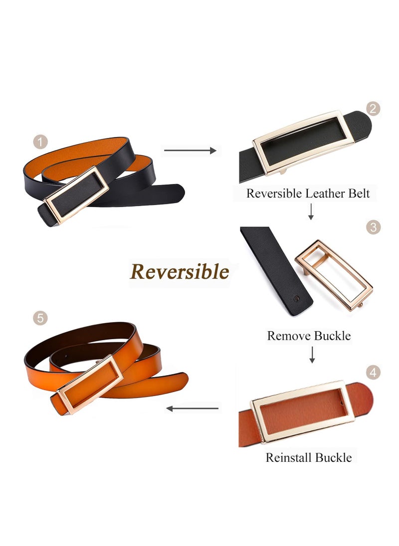 Reversible Women's Leather Belts Set with Gold Buckle for Jeans and Dresses, Black and Brown, 2.3CM Width