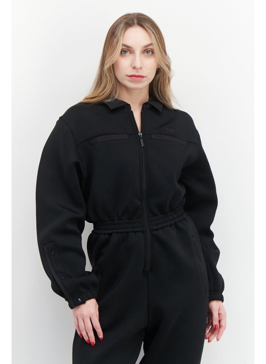 Women Sportwear Fit Long Sleeves Plain Training Jumpsuit, Black