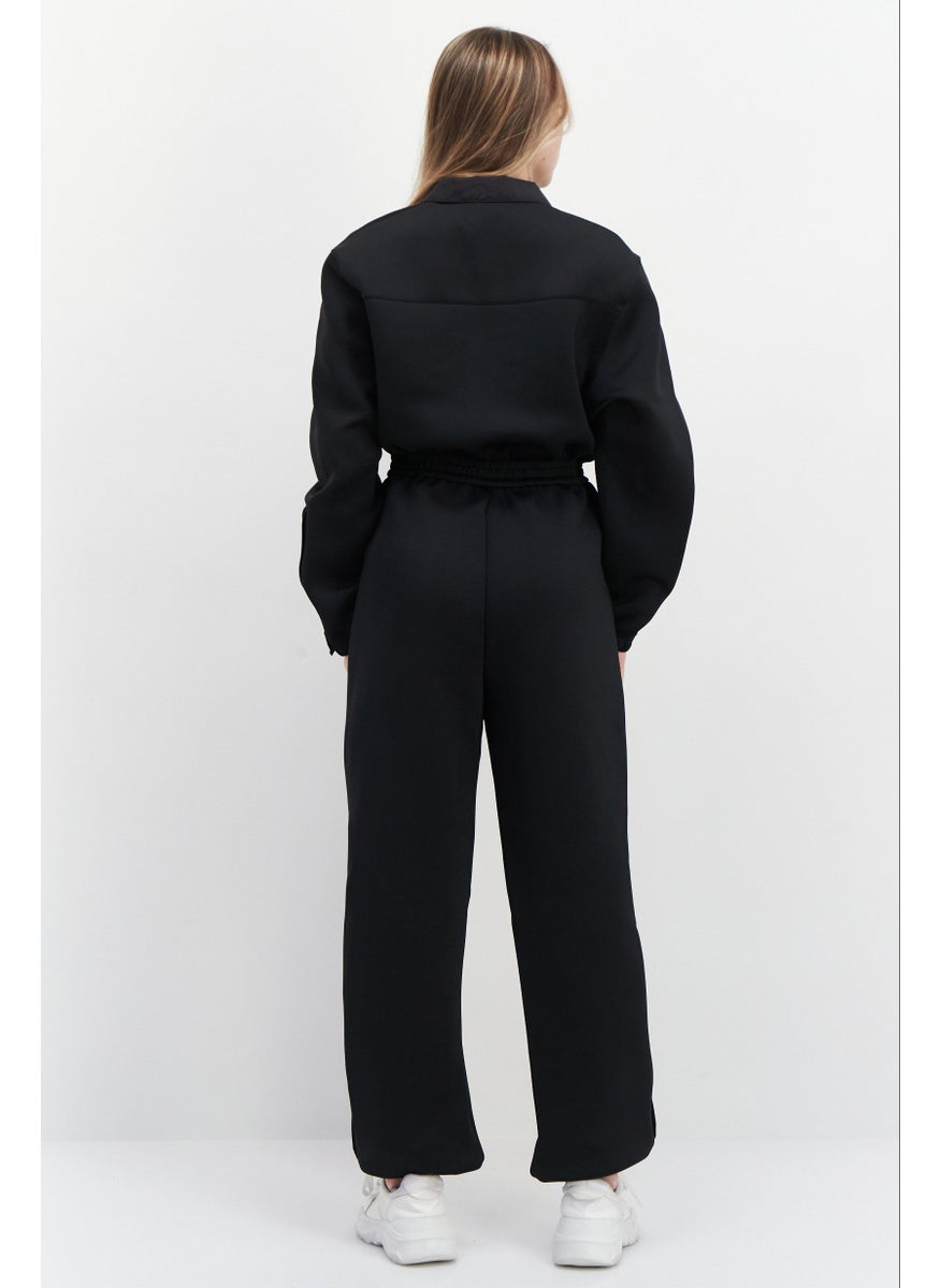Women Sportwear Fit Long Sleeves Plain Training Jumpsuit, Black