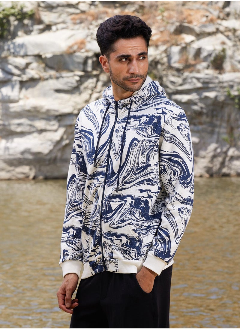Men's White & Indigo Blue Contrast Fluid Zip Front Hoodie