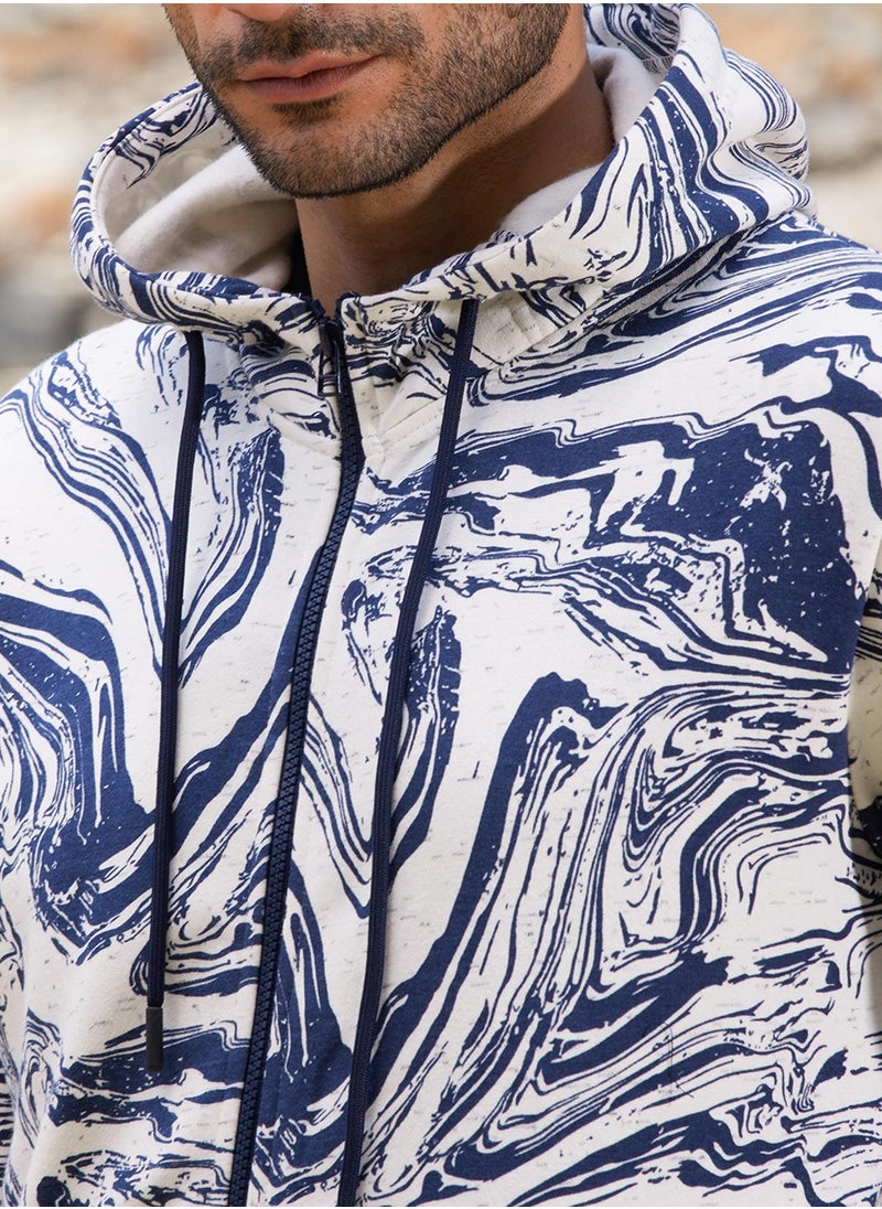 Men's White & Indigo Blue Contrast Fluid Zip Front Hoodie
