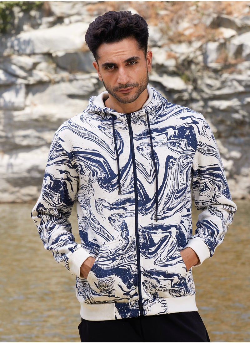 Men's White & Indigo Blue Contrast Fluid Zip Front Hoodie