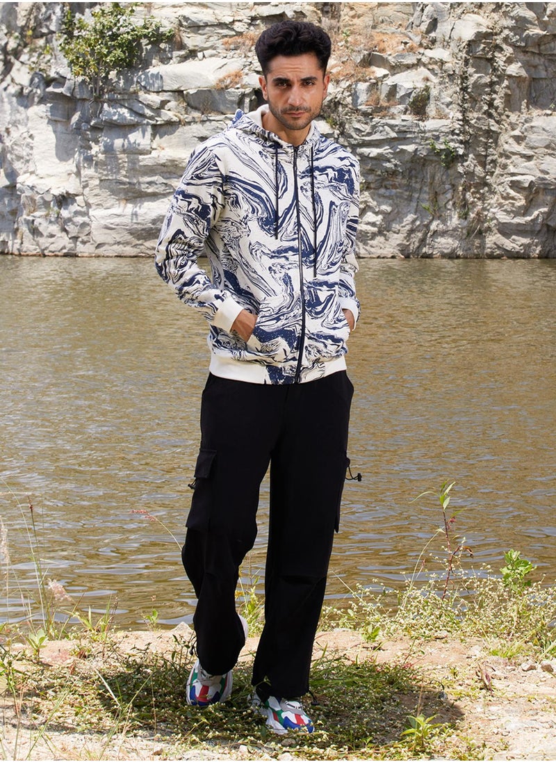 Men's White & Indigo Blue Contrast Fluid Zip Front Hoodie