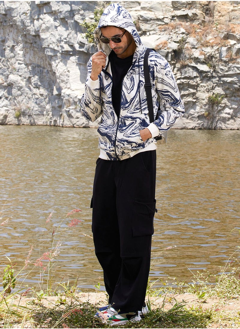 Men's White & Indigo Blue Contrast Fluid Zip Front Hoodie