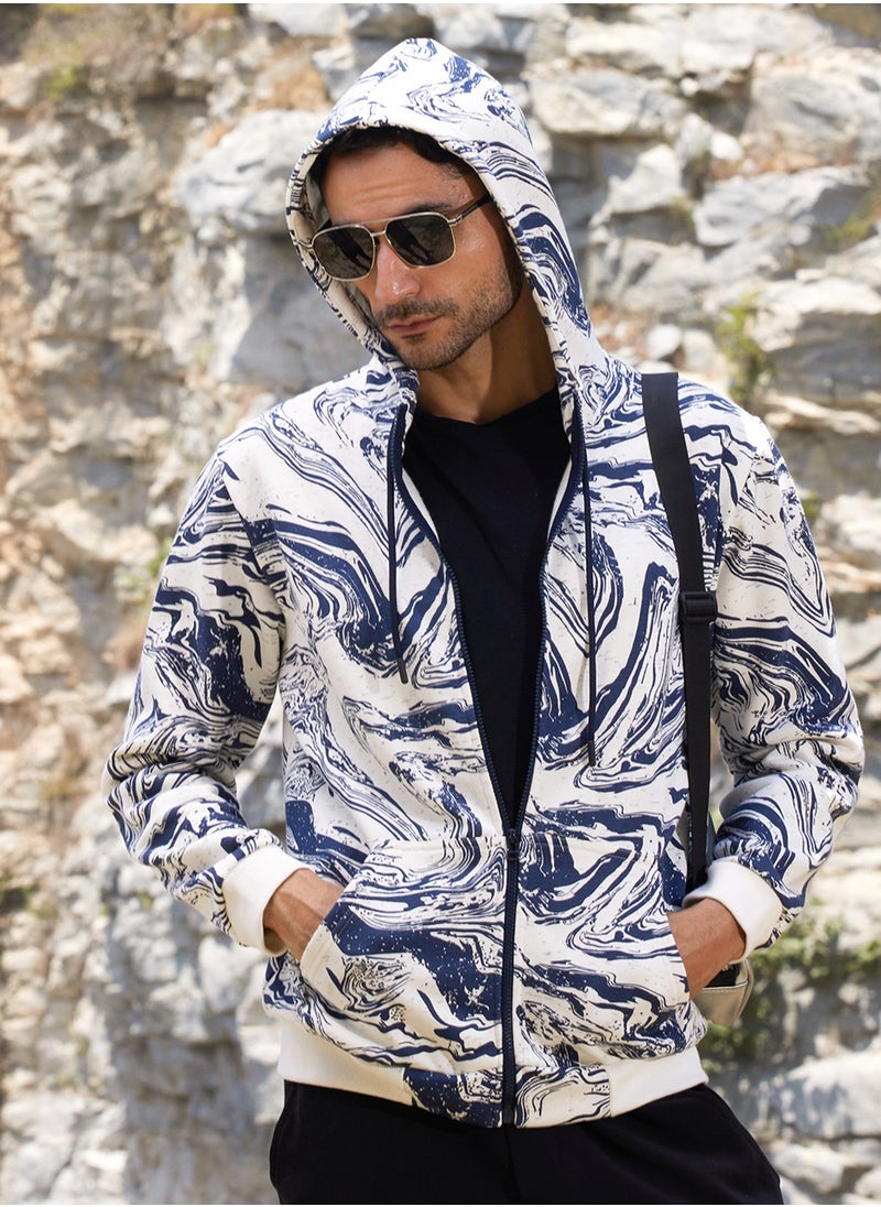 Men's White & Indigo Blue Contrast Fluid Zip Front Hoodie