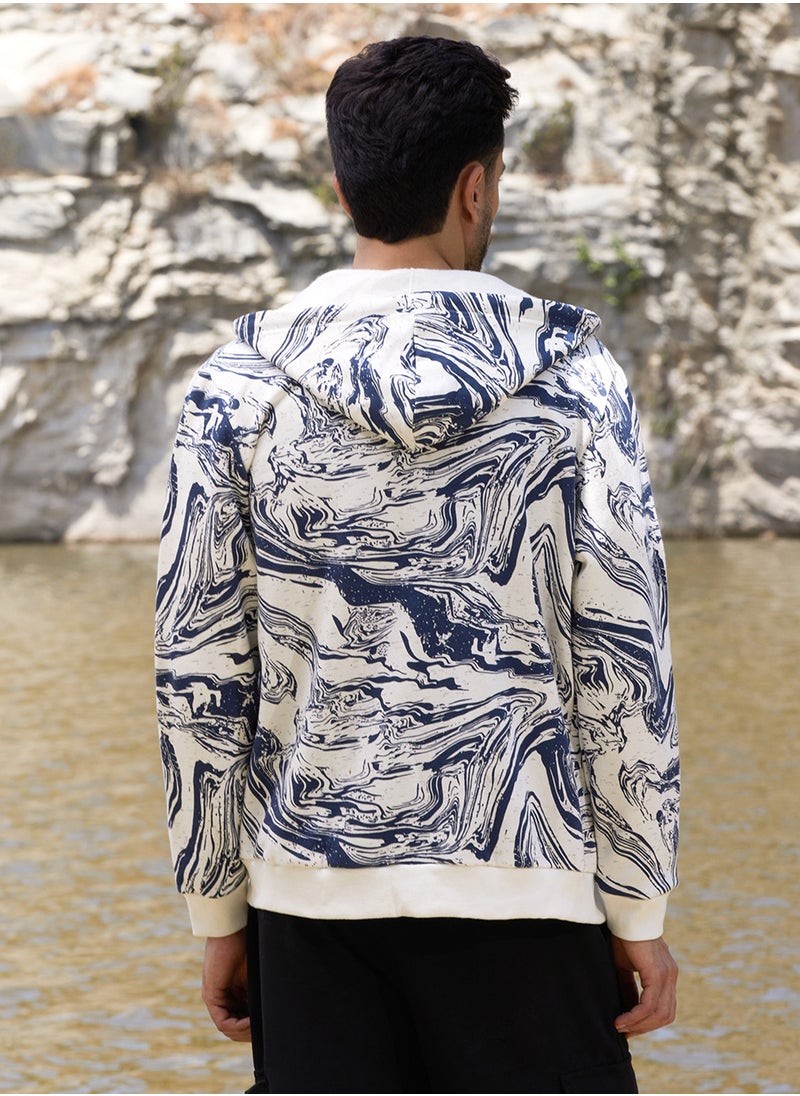Men's White & Indigo Blue Contrast Fluid Zip Front Hoodie