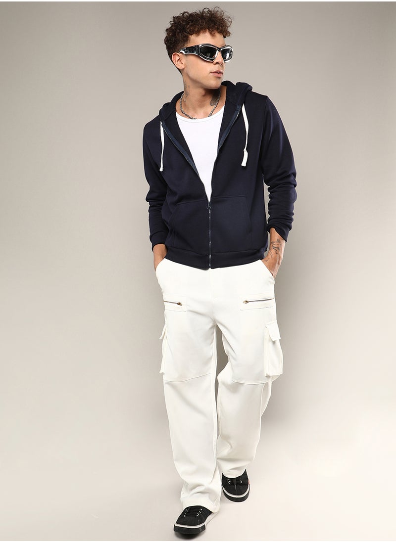 Men's Dark Blue Zip-Front Hoodie With Contrast Drawstring