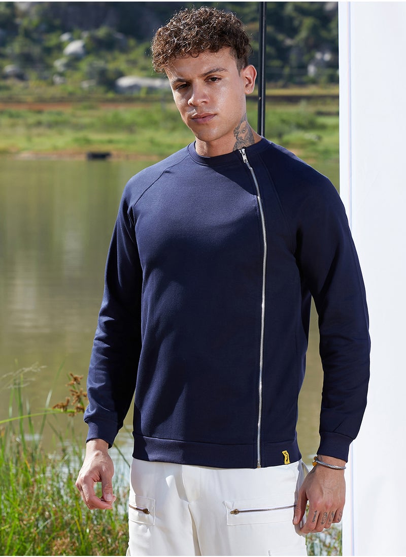 Men's Navy Blue Sweatshirt With Asymmetriclal Zip