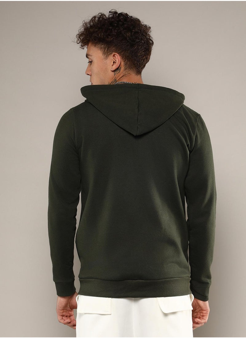 Men's Forest Green Zip-Front Hoodie With Contrast Drawstring