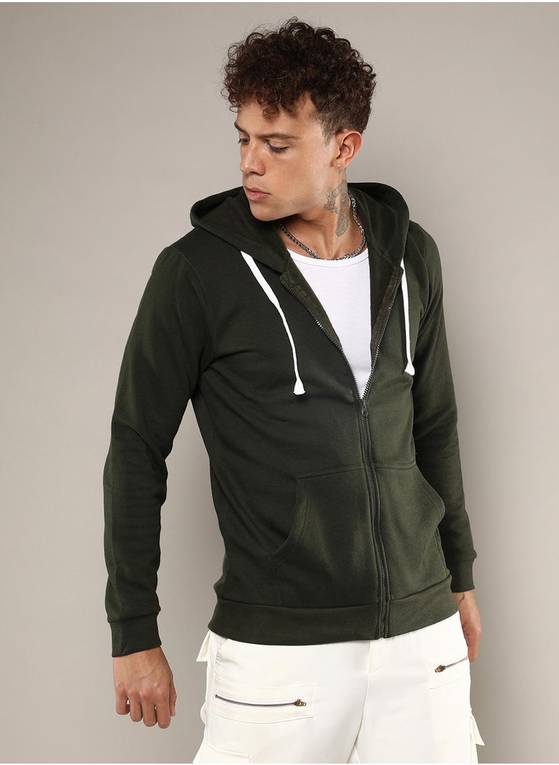 Men's Forest Green Zip-Front Hoodie With Contrast Drawstring