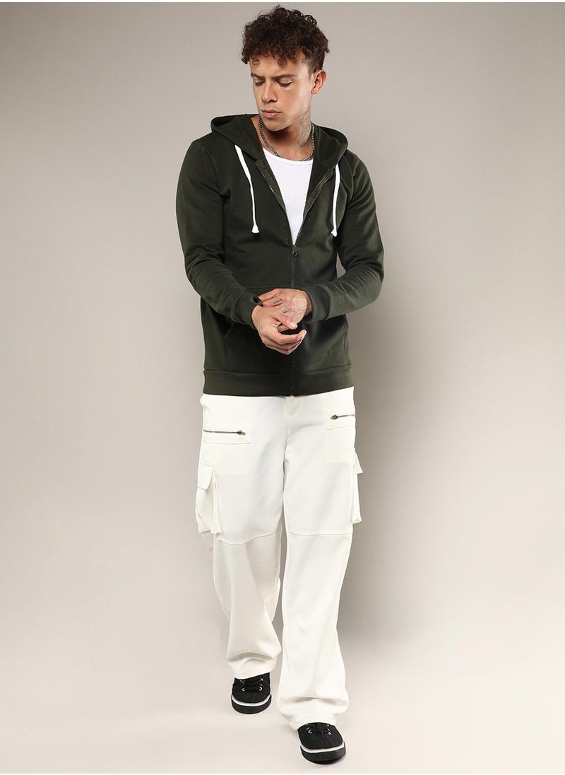Men's Forest Green Zip-Front Hoodie With Contrast Drawstring