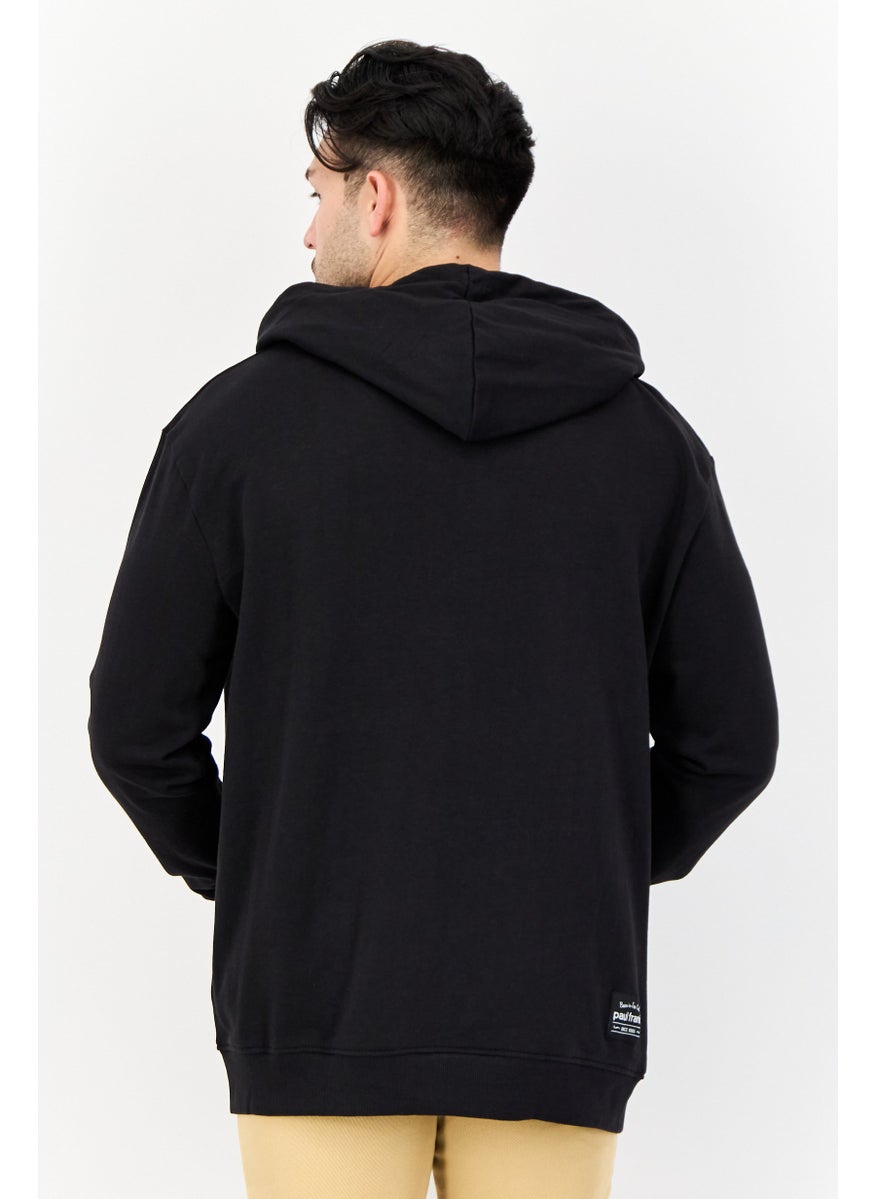 Men Printed Long Sleeves Full Zip Hoodie, Black