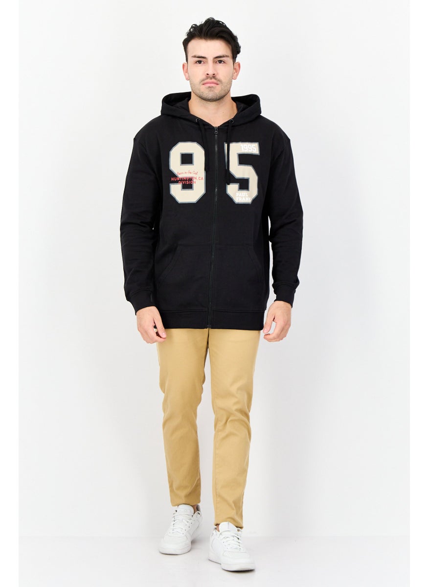 Men Printed Long Sleeves Full Zip Hoodie, Black