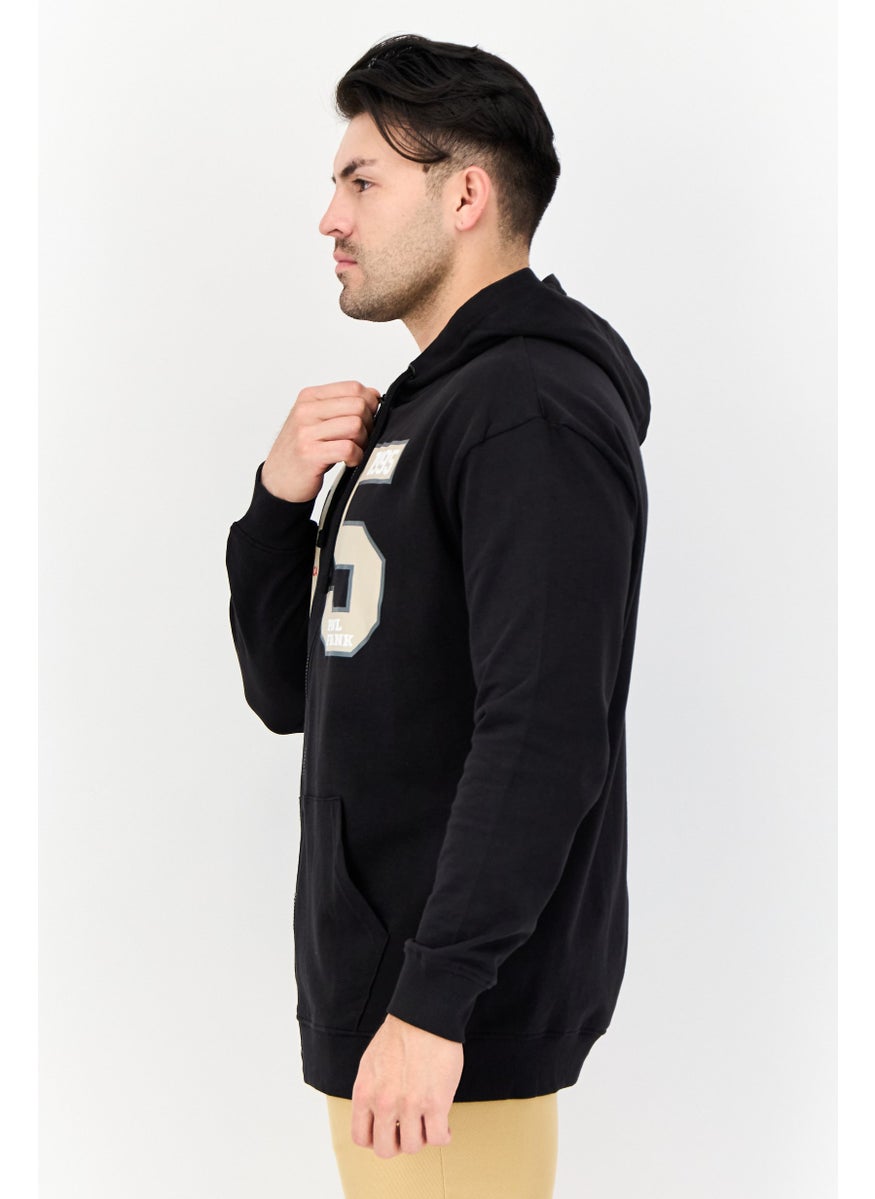 Men Printed Long Sleeves Full Zip Hoodie, Black