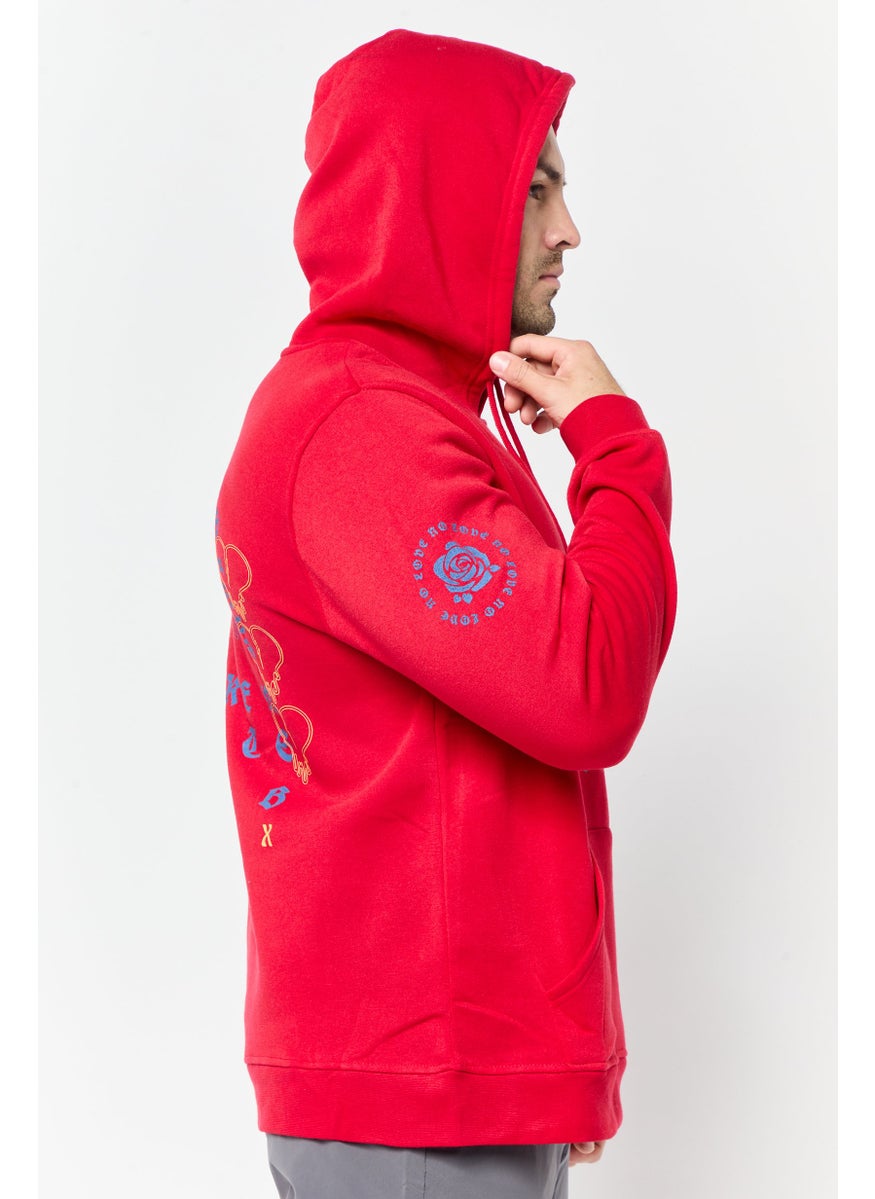 Men Hooded Graphic Print Sweatshirts, Red