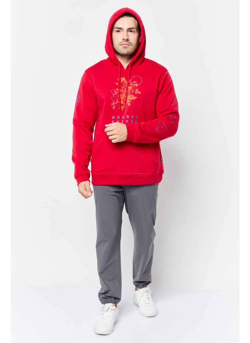 Men Hooded Graphic Print Sweatshirts, Red